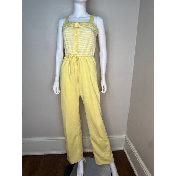 Vintage 1970s Yellow Stripe Polyester Double Knit Jumpsuit, Melissa Lane Size XS - Picture 2 of 6